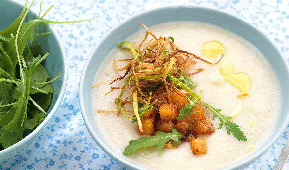 Crema de avena, calabacín y caqui
